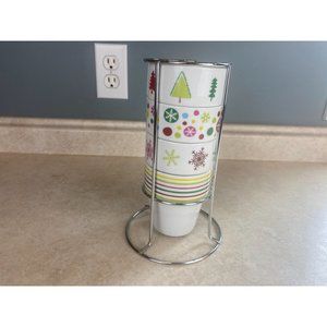 Christmas 4 Stackable 10 Fluid Ounce Personal Beverage Mugs With Stacking Rack